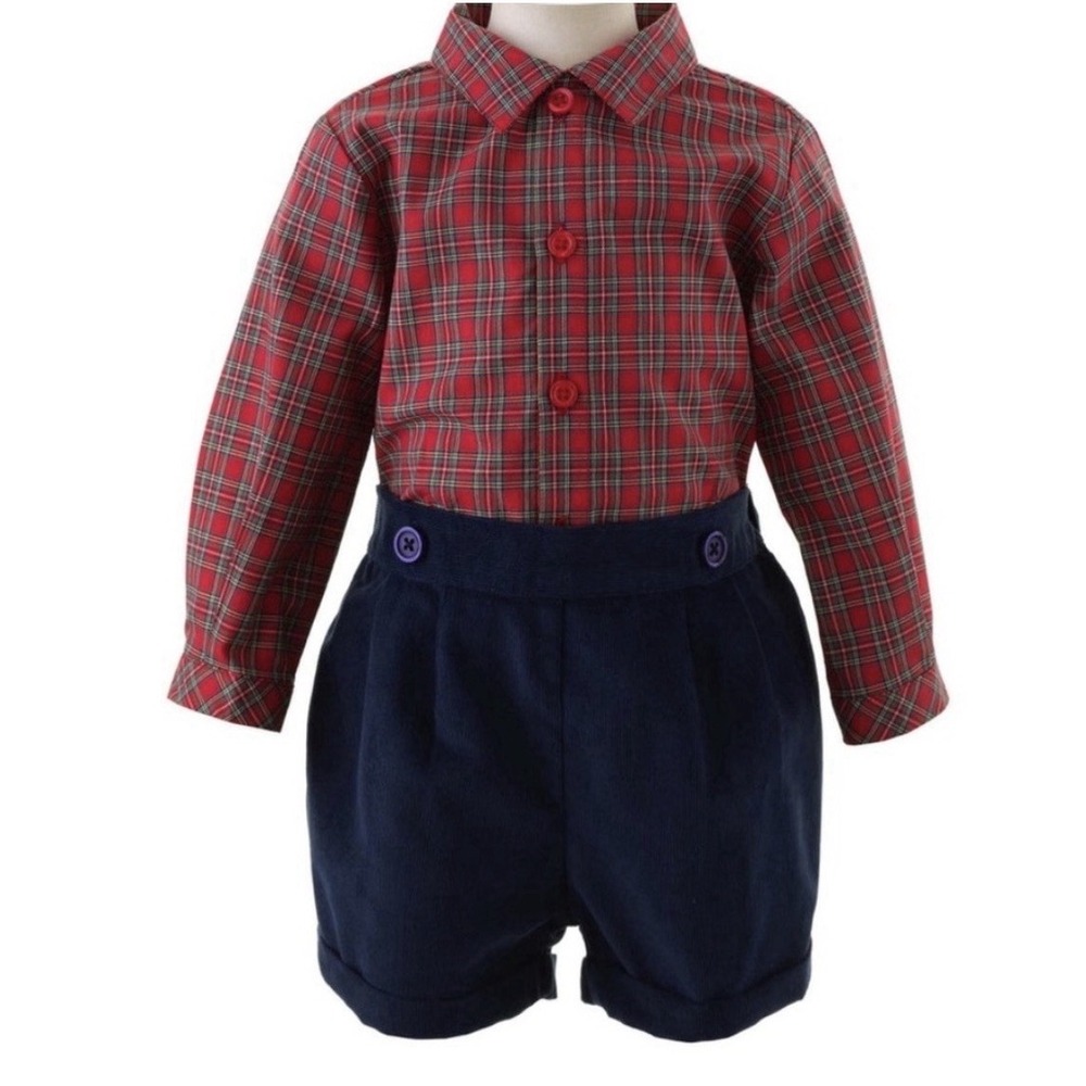 Rachel Riley London Red Navy Tartan Plaid Shirt Short Set 6m NWT Boys Formal